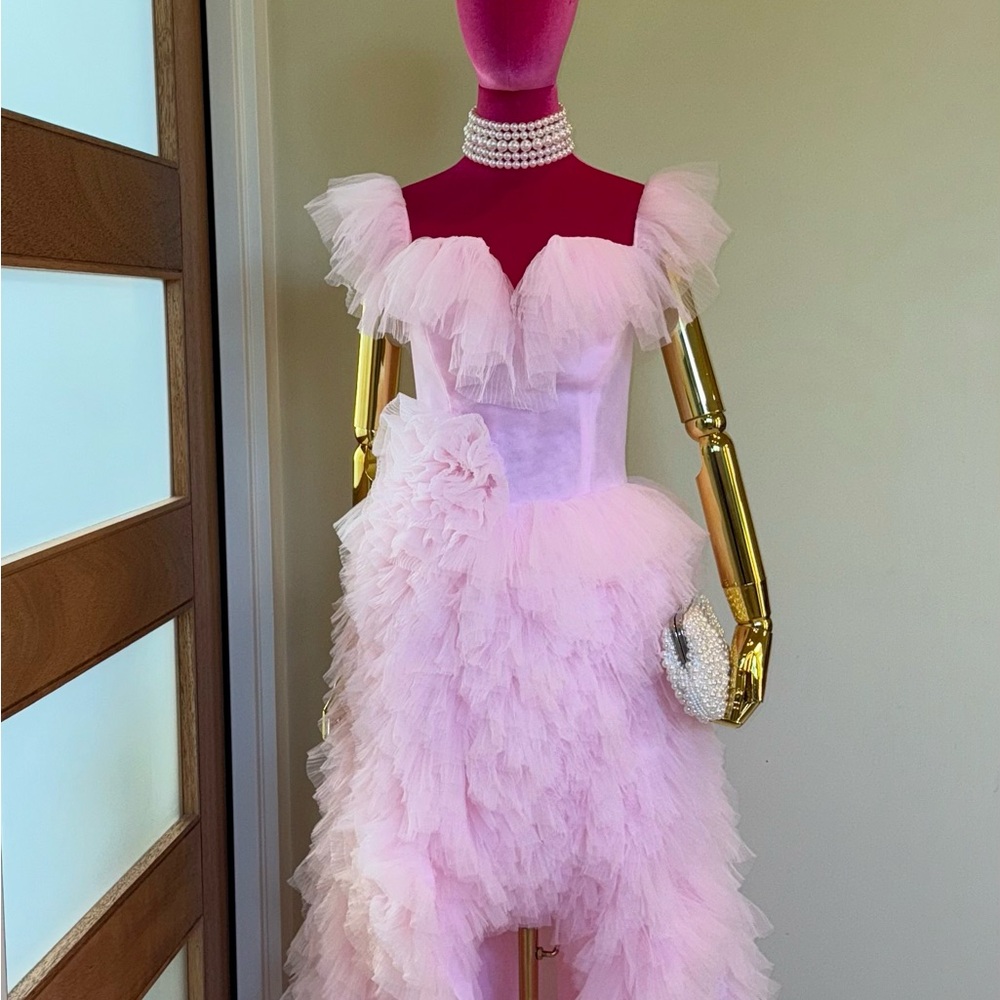Pink Ruffled Off the Shoulder Prom
Dress with High Slit!  💗 - Picture 4 of 16